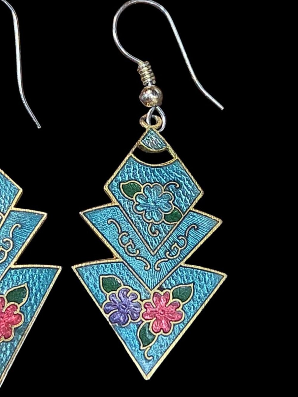 Vtg Zig-Zag Pyramid Floral Cloisonné Dangling Earrings 1980's Teal & Gold Tone - Picture 5 of 12